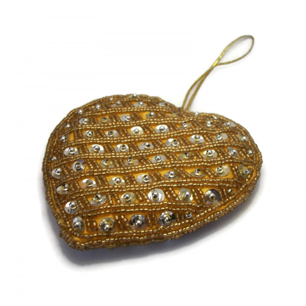 Large 4 inch Sequin Gold Seed Bead Heart Ornament