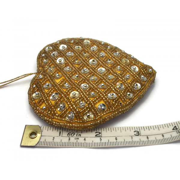 Large 4 inch Sequin Gold Seed Bead Heart Ornament