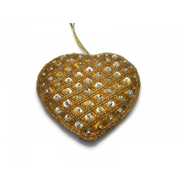 Large 4 inch Sequin Gold Seed Bead Heart Ornament