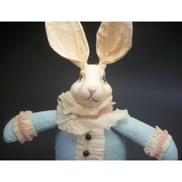 Vintage Hand Painted Fabric Resin & Paper Bunny Rabbit Art Doll Easter Decor