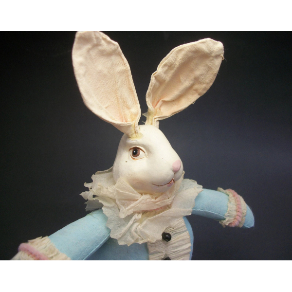 Vintage Hand Painted Fabric Resin & Paper Bunny Rabbit Art Doll Easter Decor