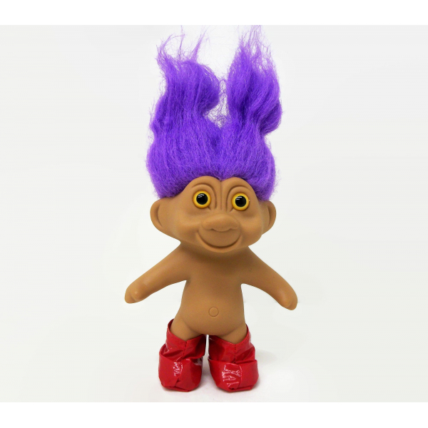 Vintage TNT Troll Doll in Raincoat and Galoshes Purple Hair and Yellow Eyes 1991
