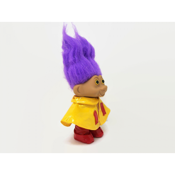 Vintage TNT Troll Doll in Raincoat and Galoshes Purple Hair and Yellow Eyes 1991