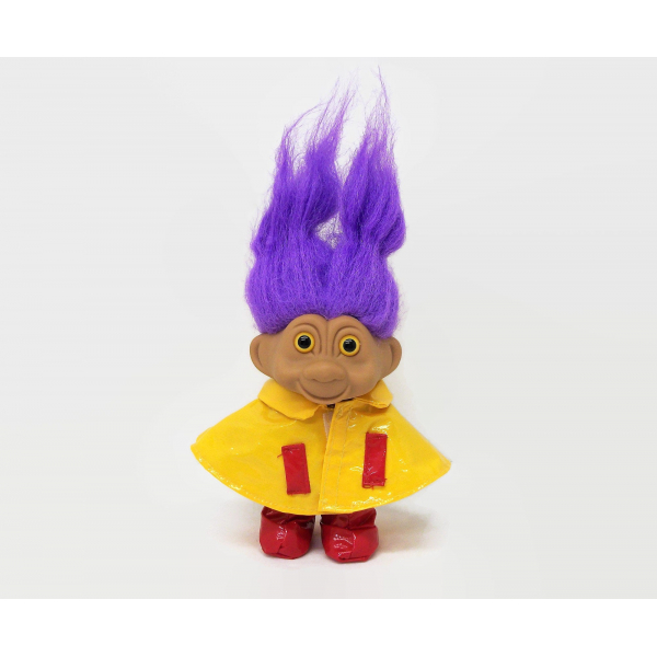 Vintage TNT Troll Doll in Raincoat and Galoshes Purple Hair and Yellow Eyes 1991