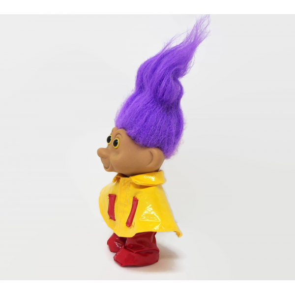 Vintage TNT Troll Doll in Raincoat and Galoshes Purple Hair and Yellow Eyes 1991