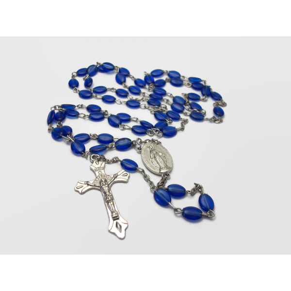 Silver and blue rosary prayer beads with Virgin Mary centerpiece