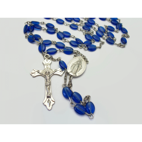 Silver and blue rosary prayer beads with Virgin Mary centerpiece