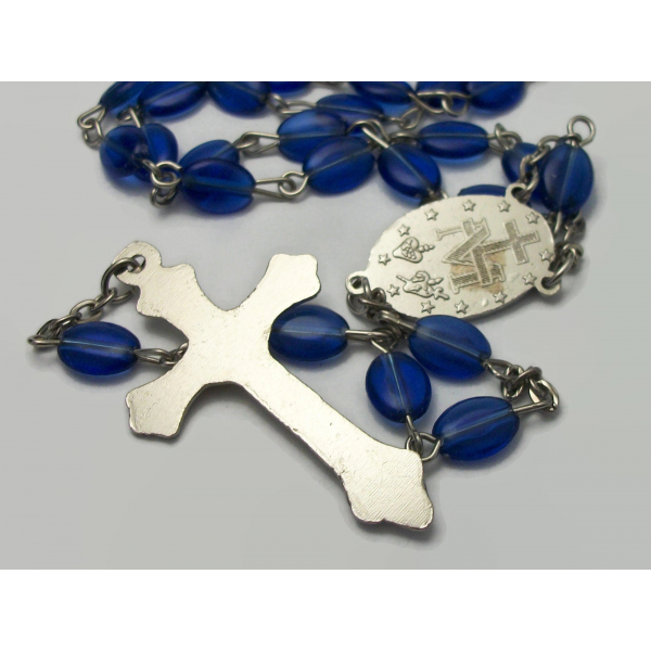 Silver and blue rosary prayer beads with Virgin Mary centerpiece