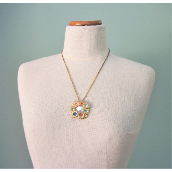 Vintage colorful rhinestone floral pendant necklace