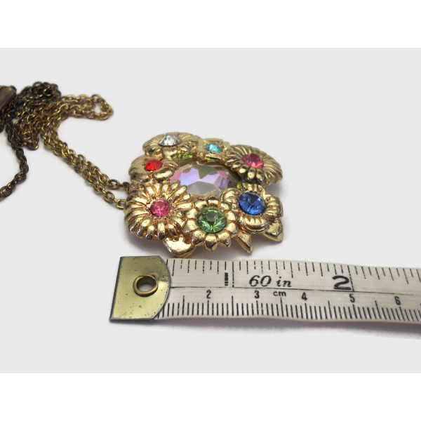 Vintage colorful rhinestone floral pendant necklace