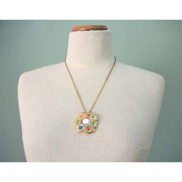 Vintage colorful rhinestone floral pendant necklace