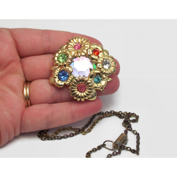 Vintage colorful rhinestone floral pendant necklace