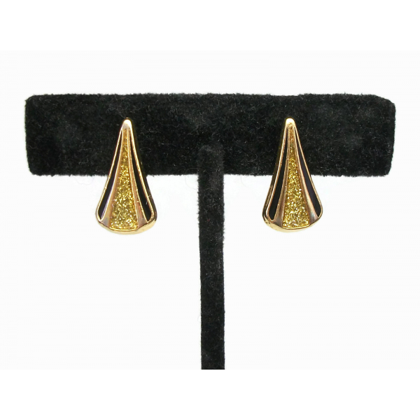 Vintage Gold and Black Modernist Triangle Pendant Necklace & Clip On Earrings