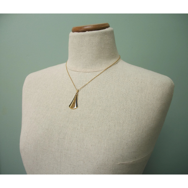 Vintage Gold and Black Modernist Triangle Pendant Necklace & Clip On Earrings