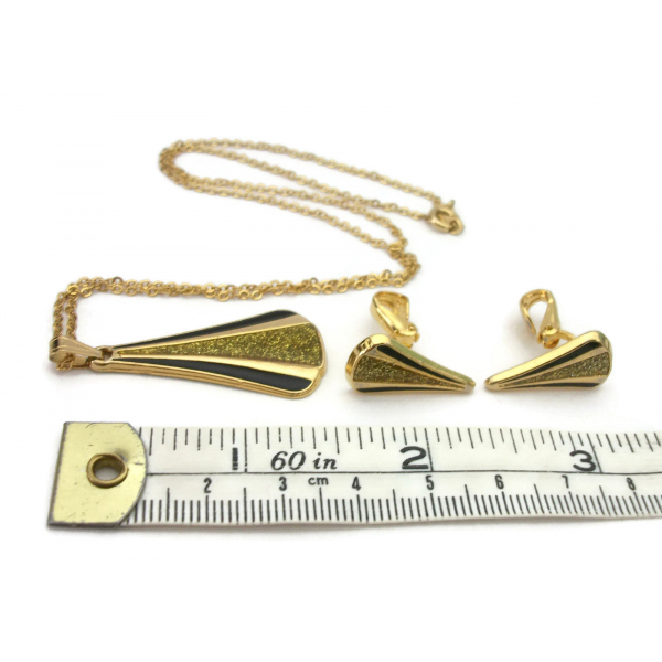 Vintage Gold and Black Modernist Triangle Pendant Necklace & Clip On Earrings