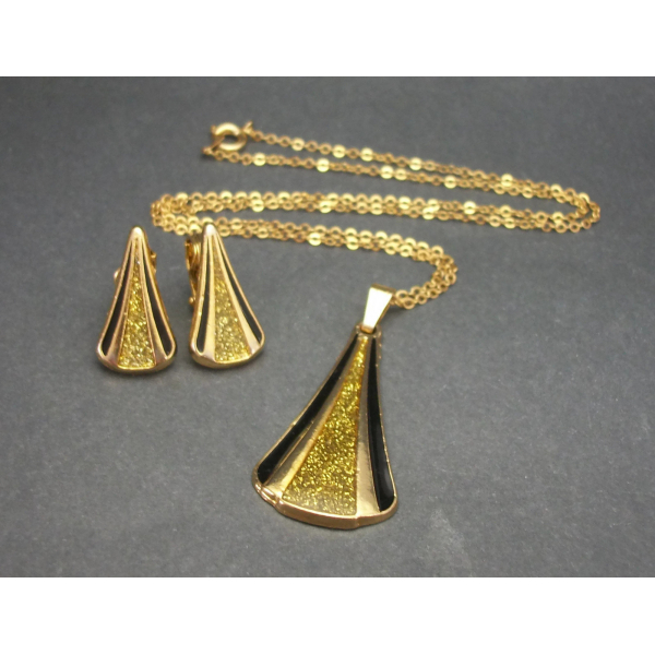 Vintage Gold and Black Modernist Triangle Pendant Necklace & Clip On Earrings