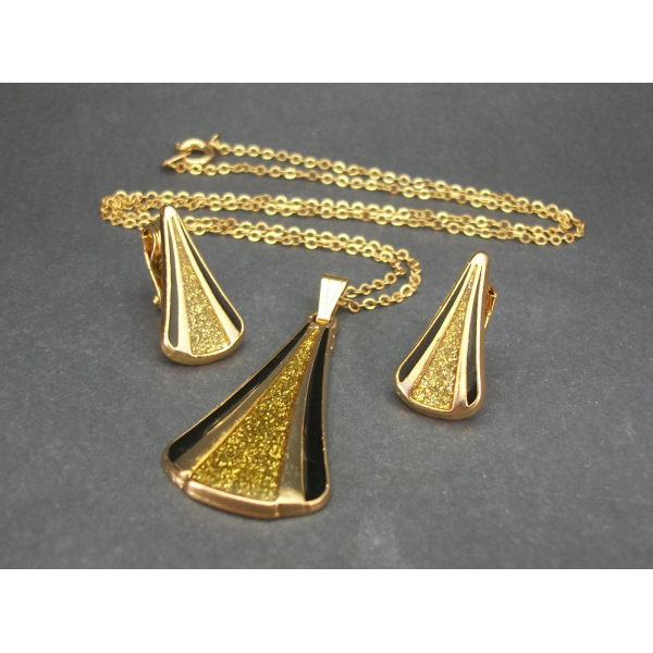 Vintage Gold and Black Modernist Triangle Pendant Necklace & Clip On Earrings