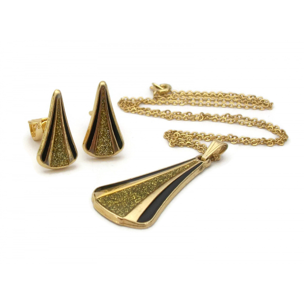Vintage Gold Black Diamond Dust Triangle Pendant Necklace & Clip On Earrings