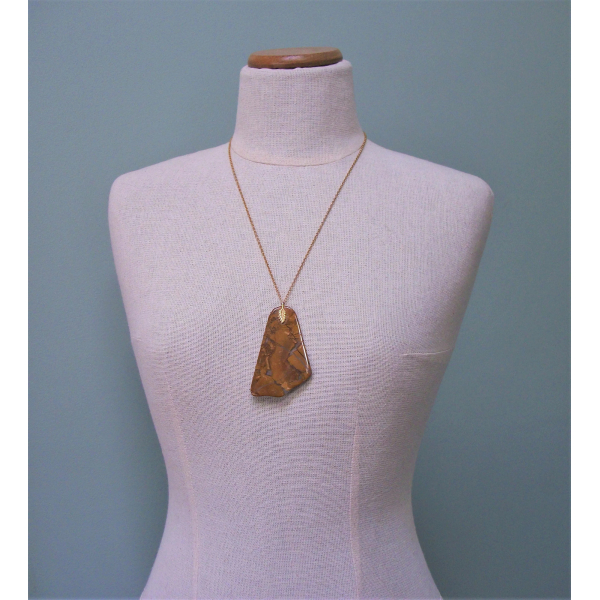 Vintage Stone Slice Pendant Necklace with Decorative Leaf Bail and 24 inch chain