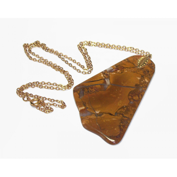 Vintage Stone Slice Pendant Necklace with Decorative Leaf Bail and 24 inch chain
