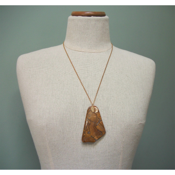 Vintage Stone Slice Pendant Necklace with Decorative Leaf Bail and 24 inch chain