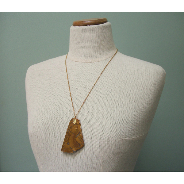 Vintage Stone Slice Pendant Necklace with Decorative Leaf Bail and 24 inch chain