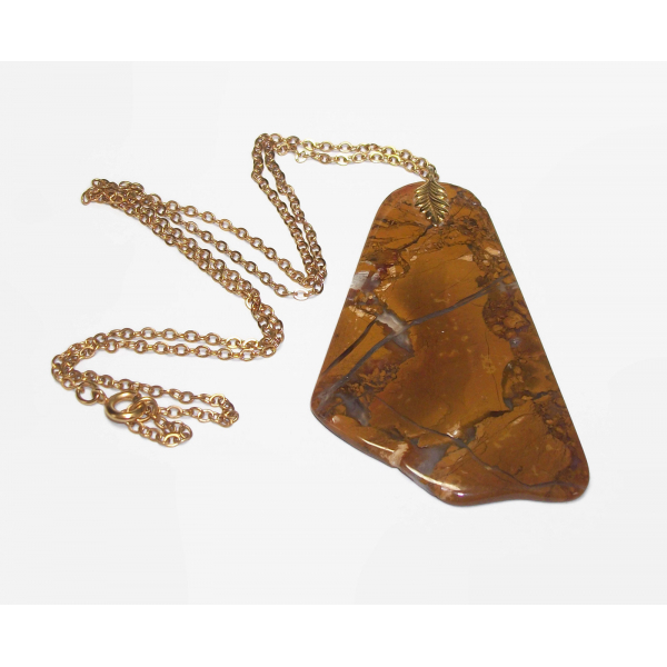 Vintage Stone Slice Pendant Necklace with Decorative Leaf Bail and 24 inch chain