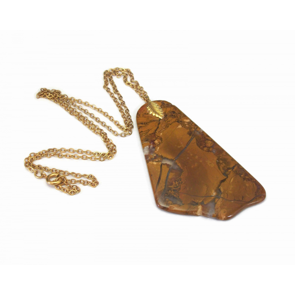 Vintage Stone Slice Pendant Necklace with Decorative Leaf Bail and 24 inch chain