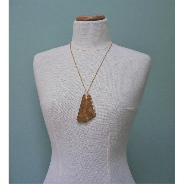 Vintage Stone Slice Pendant Necklace with Decorative Leaf Bail and 24 inch chain