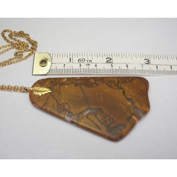 Vintage Stone Slice Pendant Necklace with Decorative Leaf Bail and 24 inch chain