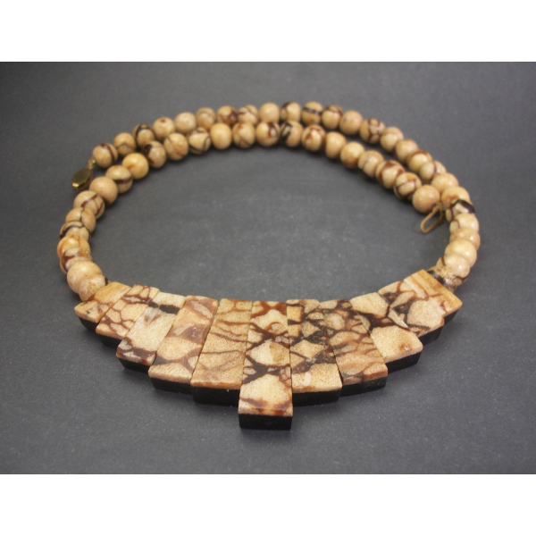 Reversible Beaded Necklace Marbled Brown Black Beads 21 inch Long Bib Necklace