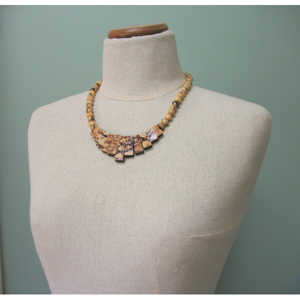 Reversible Beaded Necklace Marbled Brown Black Beads 21 inch Long Bib Necklace