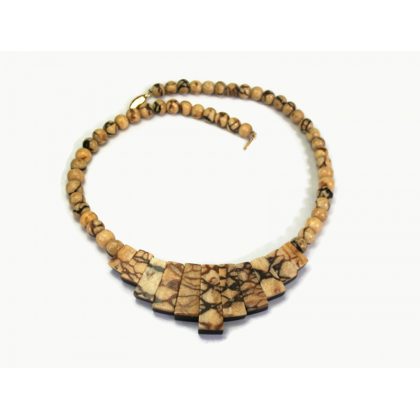 Reversible Beaded Necklace Marbled Brown Black Beads 21 inch Long Bib Necklace