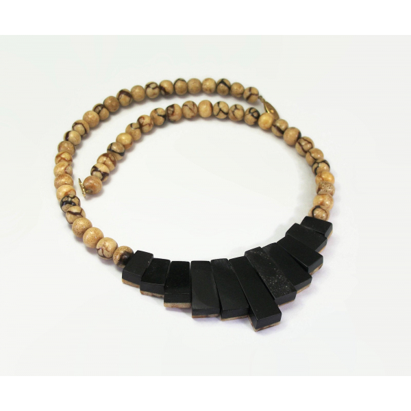 Reversible Beaded Necklace Marbled Brown Black Beads 21 inch Long Bib Necklace