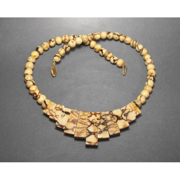 Reversible Beaded Necklace Marbled Brown Black Beads 21 inch Long Bib Necklace