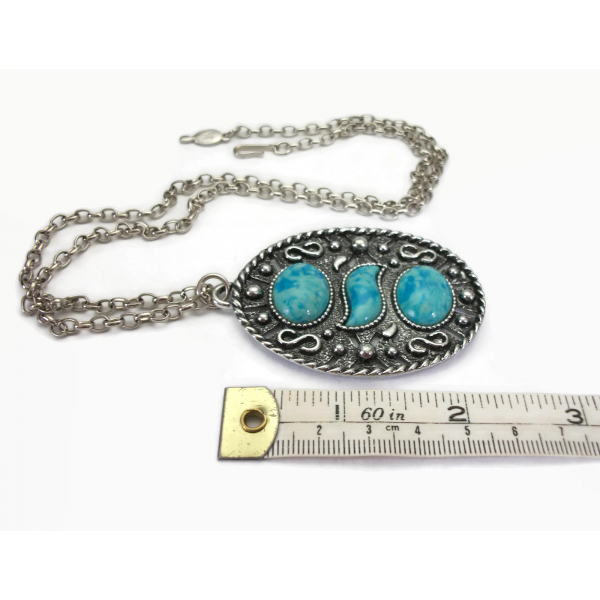 Vintage Large Sarah Coventry Silver and Faux Turquoise Cabochon Pendant Necklace