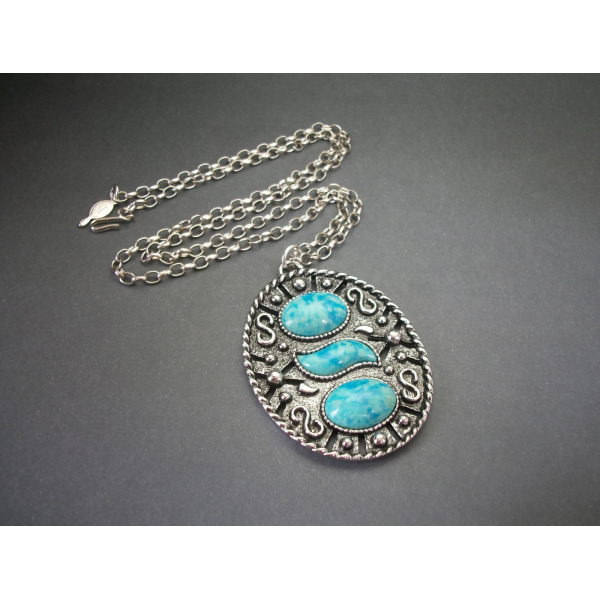 Vintage Large Sarah Coventry Silver and Faux Turquoise Cabochon Pendant Necklace