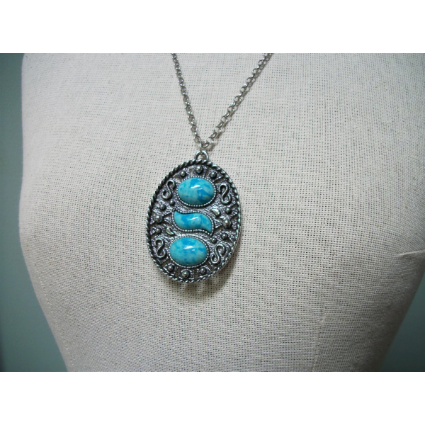 Vintage Large Sarah Coventry Silver and Faux Turquoise Cabochon Pendant Necklace