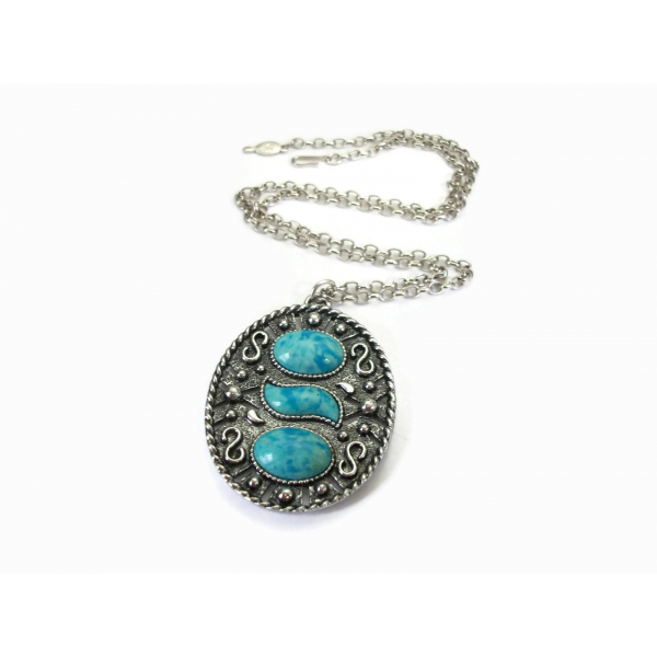 Vintage Large Sarah Coventry Silver and Faux Turquoise Cabochon Pendant Necklace