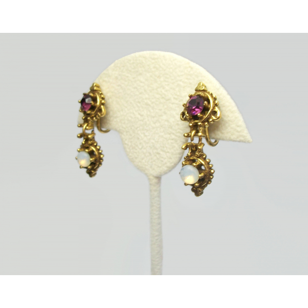 Vintage Faux Fire Opal Purple Rhinestone Gold Dangle Clip Earrings Romantic