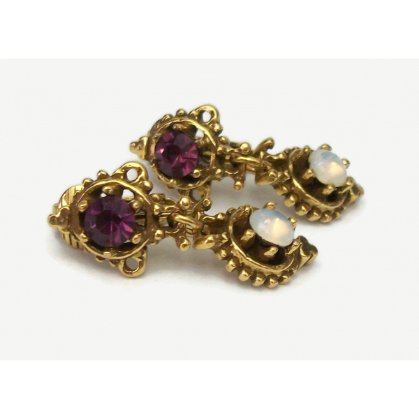 Vintage Faux Fire Opal Purple Rhinestone Gold Dangle Clip Earrings Romantic