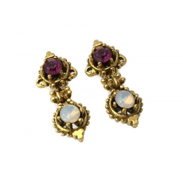 Vintage Faux Fire Opal Purple Rhinestone Gold Dangle Clip Earrings Romantic