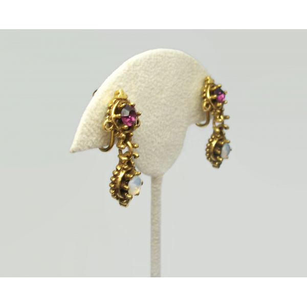 Vintage Faux Fire Opal Purple Rhinestone Gold Dangle Clip Earrings Romantic