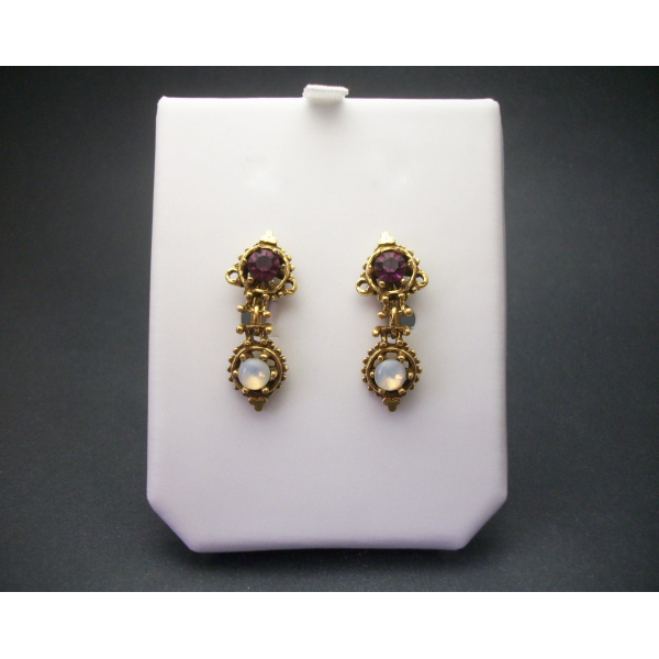 Vintage Faux Fire Opal Purple Rhinestone Gold Dangle Clip Earrings Romantic