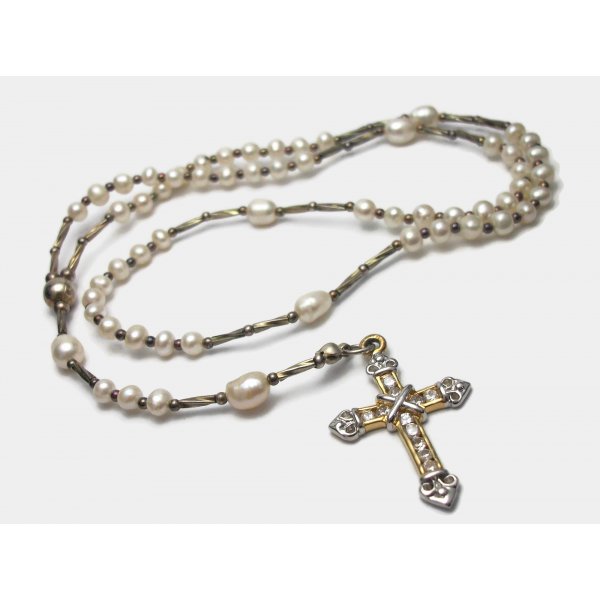 Vintage Freshwater Pearls Rosary Beads with Pave Crystal Silver and Gold Cross