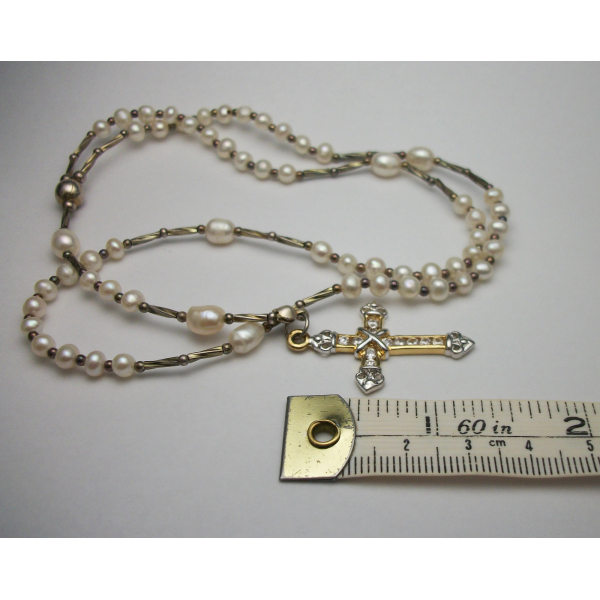 Vintage Freshwater Pearls Rosary Beads with Pave Crystal Silver and Gold Cross