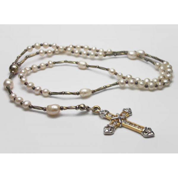 Vintage Freshwater Pearls Rosary Beads with Silver and Gold Cross