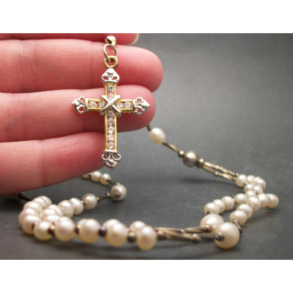 Vintage Freshwater Pearls Rosary Beads with Silver and Gold Cross