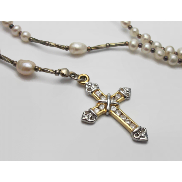 Vintage Freshwater Pearls Rosary Beads with Pave Crystal Silver and Gold Cross