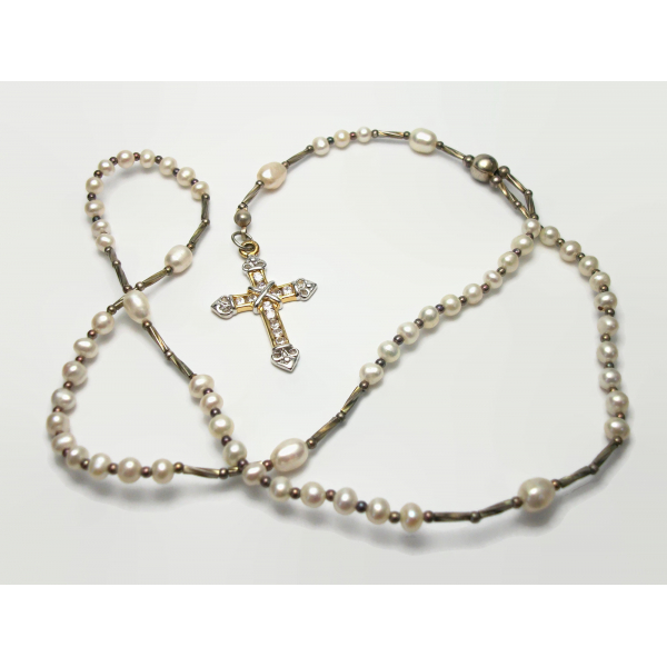 Vintage Freshwater Pearls Rosary Beads with Silver and Gold Cross